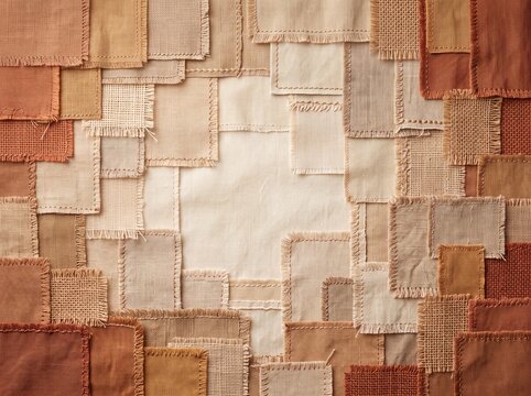 Neutral toned fabric patches and burlap stitches frame