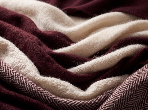 Soft woolen scarf folds in cream and burgundy tones