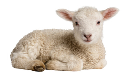 Fluffy white lamb resting peacefully, isolated on transparent background © Aliona