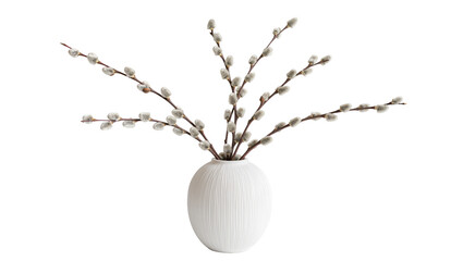 Pussy willow branches with soft grey catkins in a textured white vase, isolated on transparent background © Aliona