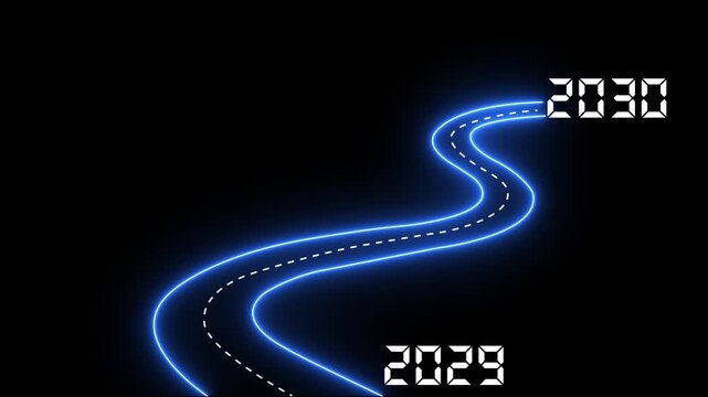 Neon glowing road 2029 to 2030 concept: digital future path with year transition for business planning, strategic growth, and technology roadmap animation