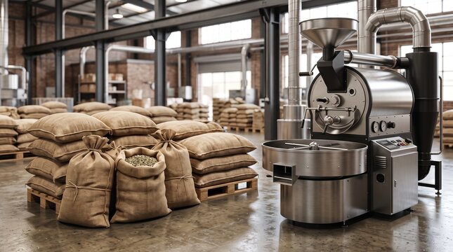 Burlap sacks filled with raw green coffee beans stacked beside modern industrial coffee roasting machine inside warehouse roastery