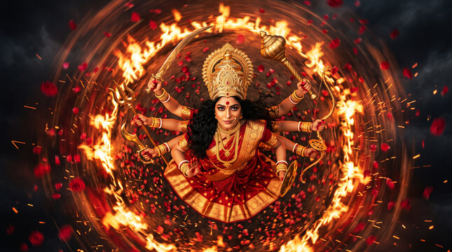 Goddess in warrior pose with fiery aura, dramatic lighting, and golden accessories for spiritual religious design