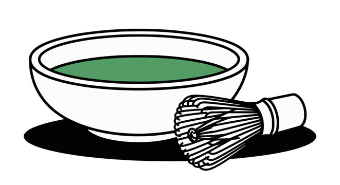 Monoline vector illustration of japanese matcha green tea bowl with bamboo whisk