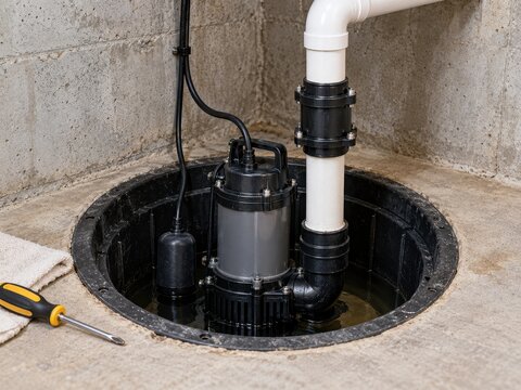 technician installs a sump pump in a basement