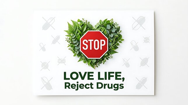 Stop Drugs Heart Shape Green Leaves Red Octagon Sign Love Life Reject Drugs Concept.