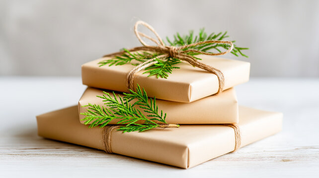 Stack of rustic handmade gifts wrapped in brown paper. Christmas presents decorated with twine and evergreen sprigs. Eco-friendly holiday gift wrapping concept
