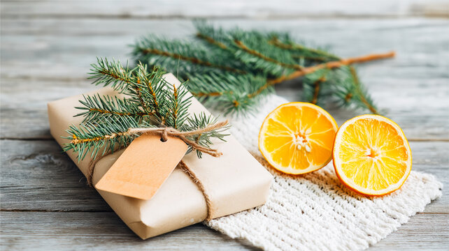 Rustic Christmas gift wrapped in brown paper with a fir sprig and blank tag. Holiday still life with a fresh orange on a grey wooden table. Natural and eco-friendly winter celebration concept