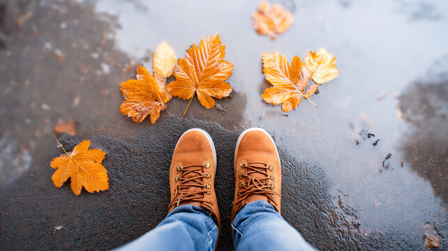 Top down view of a person's feet in brown boots on wet asphalt. Fallen autumn leaves in a puddle on a rainy day