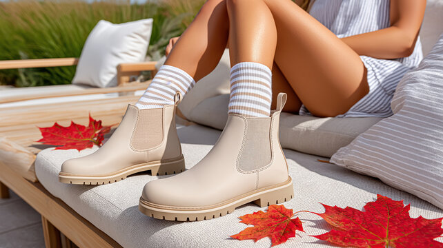A woman wearing stylish beige chelsea boots and striped socks outdoors. Close-up of female legs relaxing on a sofa with autumn leaves. Casual fall fashion concept.