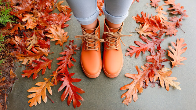 A person's feet in brown rain boots standing among wet autumn leaves. Top view of seasonal fall fashion on a rainy day.