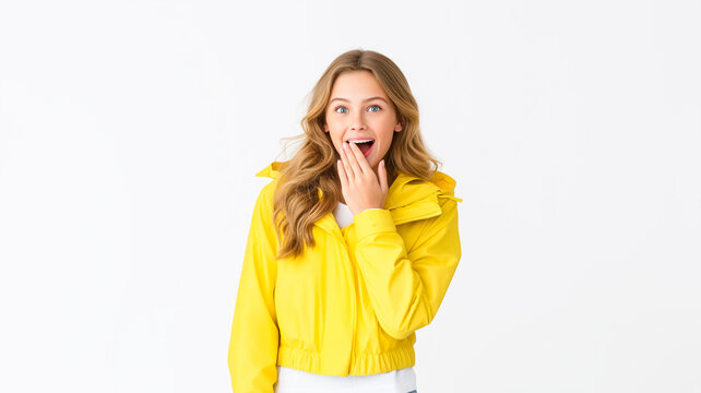 Surprised young woman covering mouth with hand on white background. Excited blonde girl in yellow jacket looking shocked. Portrait of amazed female student with copy space