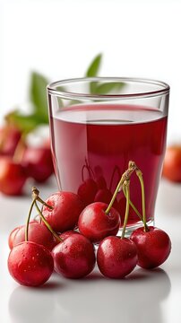 Fresh cherry juice in a glass with ripe red cherries. Healthy natural fruit drink isolated on a white background with copy space