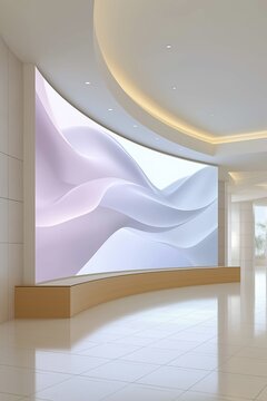 A large curved video wall in a modern corporate lobby. The screen displays a luminous abstract pastel wave pattern. Futuristic interior design with space for a mockup