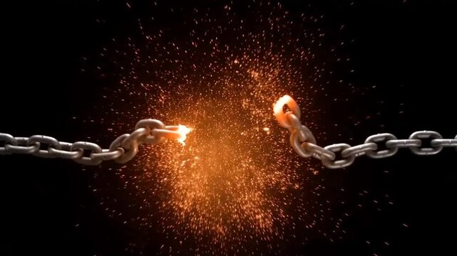 Steel chain snapping apart in slow motion with sparks on black background, breaking free concept