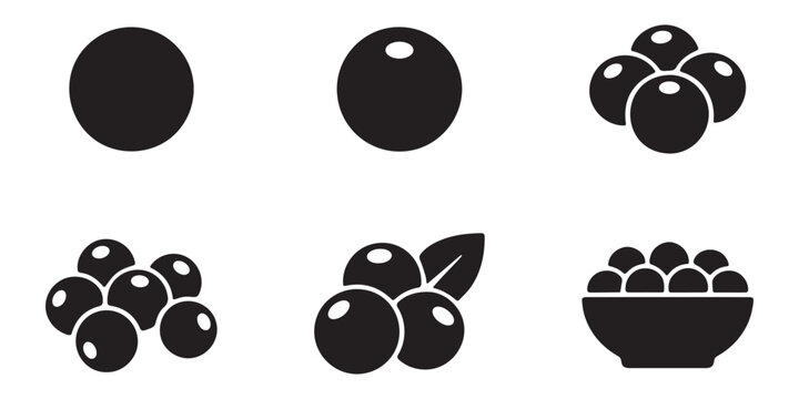 Black silhouettes of blueberries and clusters on white background