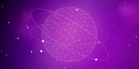 A polygonal sphere with orbiting lines depicts a futuristic network against a purple cosmic background globe connection © Versatile Graphics