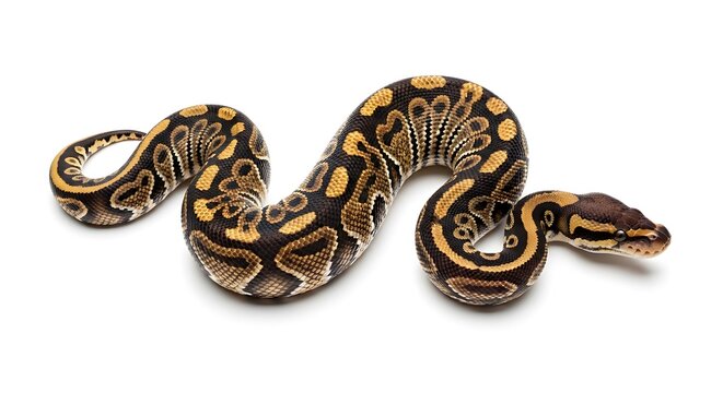 A patterned ball python snake coiled on a white background