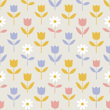 Pastel spring tulips and daisies flat pattern background
