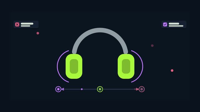 Seamless 4K looping animation of an abstract business metaphor: avoiding distraction blocking out noise. Flat vector shapes, glowing bright green details and dark interface cards with blank text place