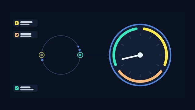 Animated conceptual scene showing daily routine clock ring cycle, drawn as a minimal vector metaphor in a modern dark mode style with neon blue and azure accents and placeholder cards. Smooth 4K seaml