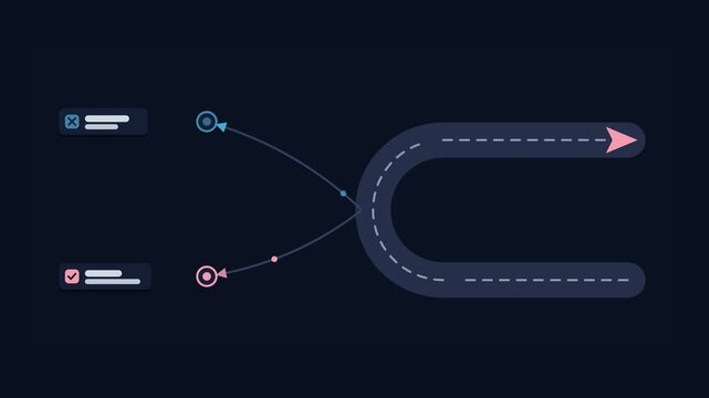 Seamless 4K looping animation of an abstract business metaphor: changing your mind turning back. Flat vector shapes, glowing blue and azure details and dark interface cards with blank text placeholder