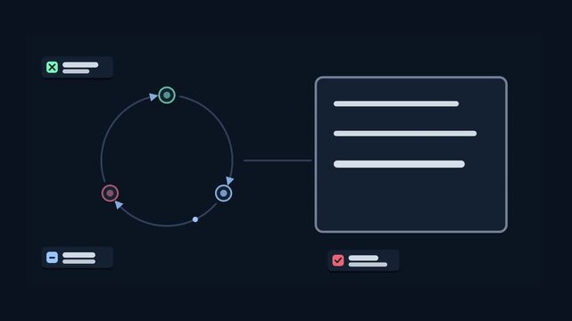Seamless 4K looping animation of an abstract business metaphor: fixing a mistake correcting error. Flat vector shapes, glowing blue and azure details and dark interface cards with blank text placehold