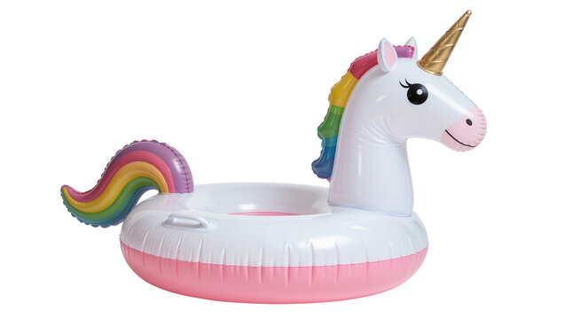 White inflatable unicorn pool float with rainbow mane and tail, isolated on transparent background