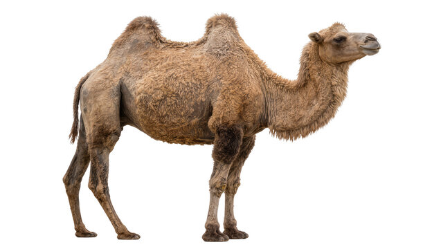 Two-humped Bactrian camel standing, isolated on transparent background