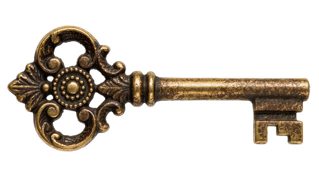 Antique ornate brass skeleton key with decorative bow, isolated on transparent background