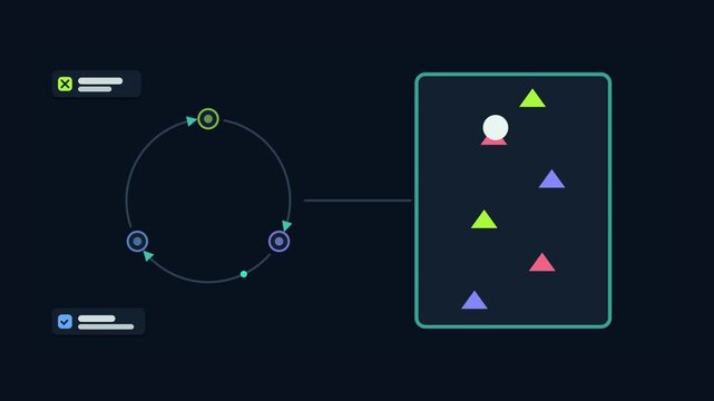 Animated conceptual scene showing not giving up trying again, drawn as a minimal vector metaphor in a modern dark mode style with neon teal and turquoise accents and placeholder cards. Smooth 4K seaml