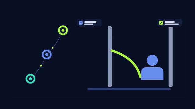 Animated conceptual scene showing finishing strong crossing finish line, drawn as a minimal vector metaphor in a modern dark mode style with neon blue and azure accents and placeholder cards. Smooth 4