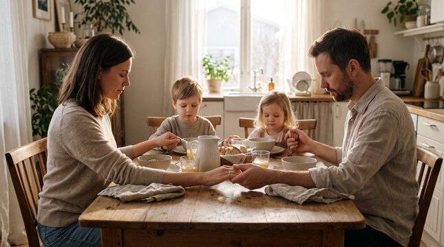 Family holding hands in silent prayer around wooden dining table before meal at home conveying togetherness and spiritual tradition