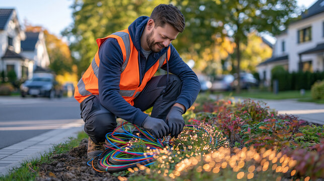 Professional fiber optic installer working outdoors in a quiet suburban neighborhood, wearing reflective safety vest and gloves, carefully organizing and splicing multicolored high speed internet ca