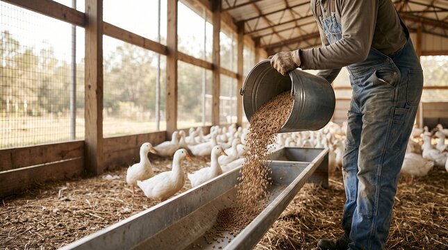 Poultry farmer pouring feed pellets from metal bucket into feeding trough for white ducks inside spacious farm barn