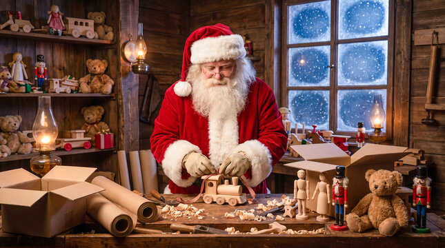 Pap&aacute; Noel prepara juguetes y envuelve regalos en un taller artesanal lleno de detalles, con iluminaci&oacute;n c&aacute;lida y una atm&oacute;sfera navide&ntilde;a m&aacute;gica.