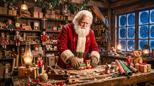 Pap&aacute; Noel prepara juguetes y envuelve regalos en un taller artesanal lleno de detalles, con iluminaci&oacute;n c&aacute;lida y una atm&oacute;sfera navide&ntilde;a m&aacute;gica.