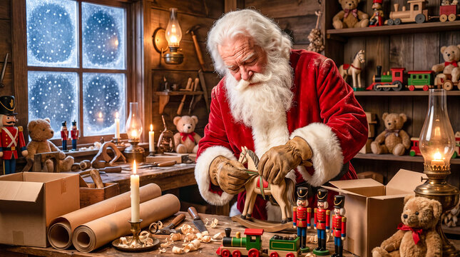 Pap&aacute; Noel prepara juguetes y envuelve regalos en un taller artesanal lleno de detalles, con iluminaci&oacute;n c&aacute;lida y una atm&oacute;sfera navide&ntilde;a m&aacute;gica.
