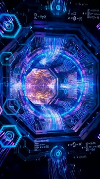 Vertical Futuristic AI Quantum Computer Core Processing Big Data Streams