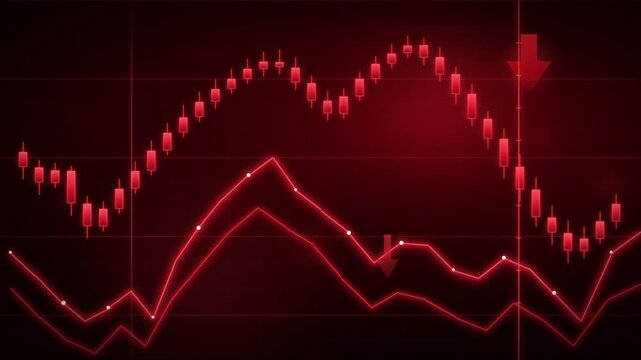 Red financial charts and downward trading indicators visualize cryptocurrency market crashes and severe economic downturns during global panic selling phases across worldwide financial exchanges