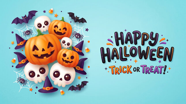 Bright orange pumpkins smile with stitched faces. White skulls peek out from beneath witch hats. Purple bats flutter around playful Halloween decor. Spiders and webs add spooky charm to the scene