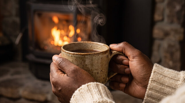 Warm hands cradle a steaming mug. Cozy fire crackles softly behind. Cider's steam rises gently from the cup. Soft knit sleeves wrap the hands snugly. Cozy, quiet moment feels comforting