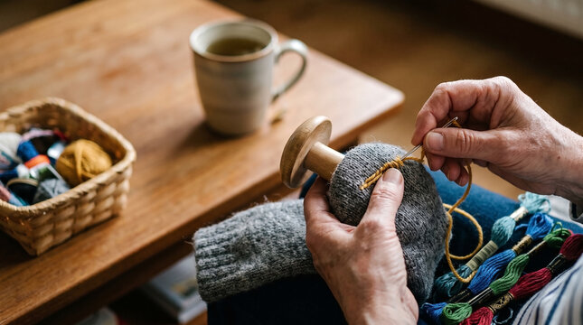 Warm hands mend a woolen sock with care. Wooden table holds tea and yarn. Knitting needle guides gentle motion. Calm focus shows quiet dedication. Perfect for cozy, handmade, or artisan themes