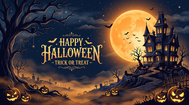 Dark moon shines over haunted house. Crows fly near twisted tree branches. Jack-o'-lanterns glow at base of hill. Skeletal figures walk through eerie woods. Spooky mansion glows with warm