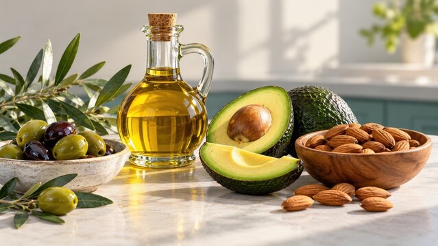 avocado nuts and oil illustrate monounsaturated fat nutrition