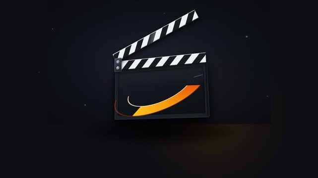 A traditional wooden movie clapperboard rests horizontally upon a dark surface while cinematic lights cast gentle shadows around the filmmaking equipment during the evening hours