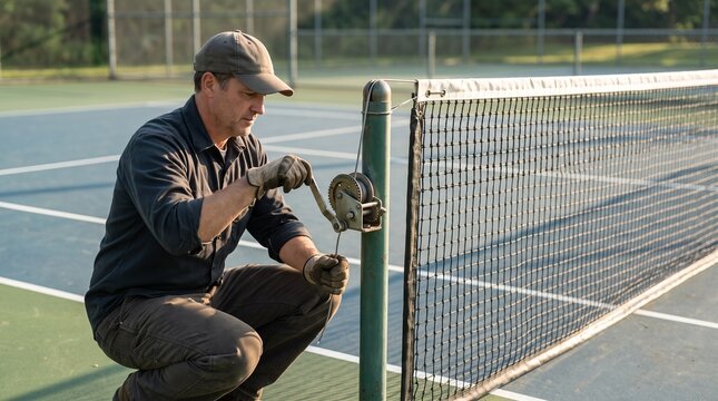 Tennis court groundskeeper adjusting net tension with hand winch handle on outdoor hard court depicting sports facility maintenance