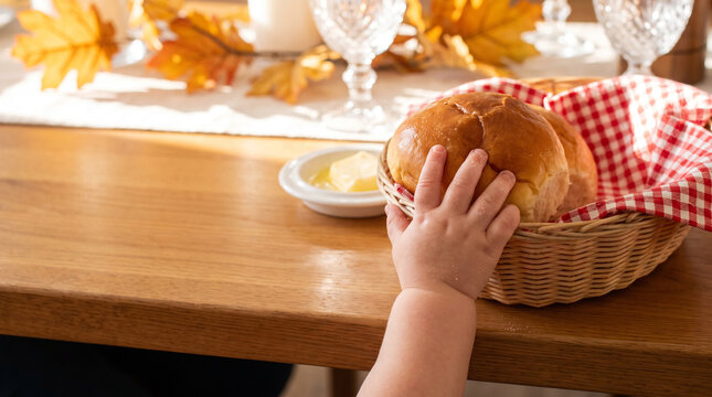 Little hand reaches for warm bread in a basket. Sunlight glows on autumn table setting. Red and white checkered cloth adds charm. Dewy bread suggests fresh, comforting aroma