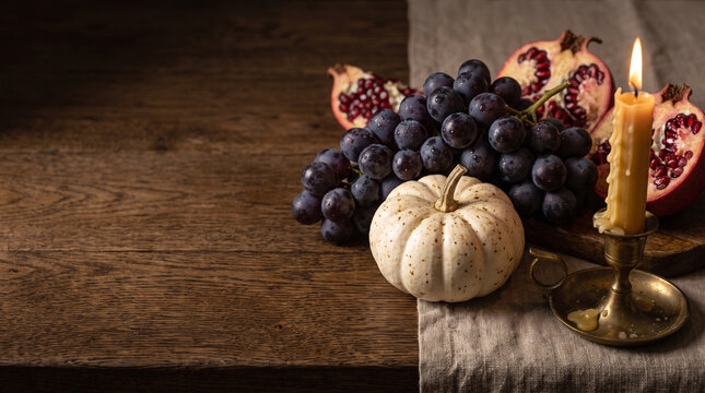 Grapes, pomegranates, and a small pumpkin rest on rustic wood. Lit candle casts warm glow beside them. Simple, earthy tones evoke autumn gratitude. Perfect for holiday menus, seasonal decor