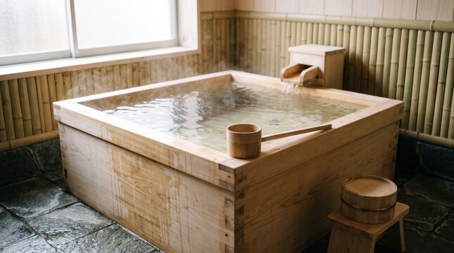 Traditional Japanese hinoki cedarwood soaking tub filled with hot steaming water in tranquil spa interior with bamboo walls